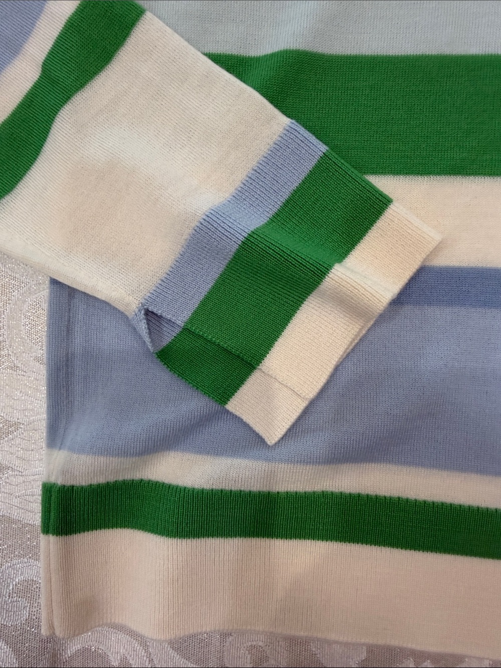 Akris Punto Women’s Pastel Blue Crewneck with Green & Cream Stripes - Picture 2 of 5